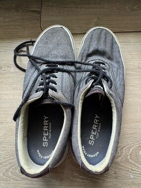 Sperry Gray Canvas Boat Shoes with Black Laces